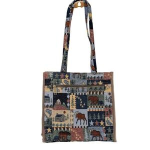 Vintage Tapestry Tote Bag Lodge Cabin Moose Bear Patchwork Shoulder Bag Multiuse